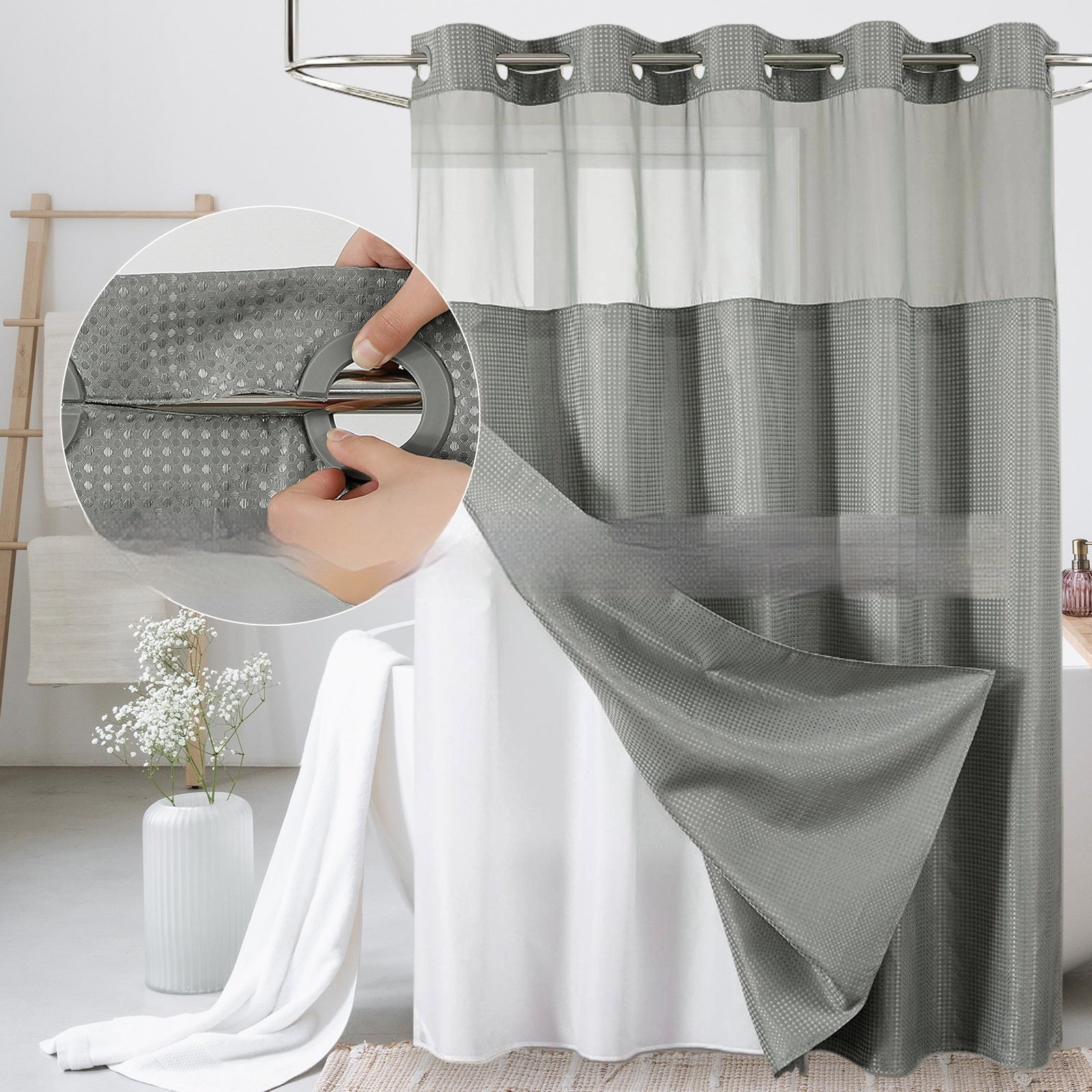 Solid-color Waffle-patterned Double-layer Large-loop-lined Shower Curtain