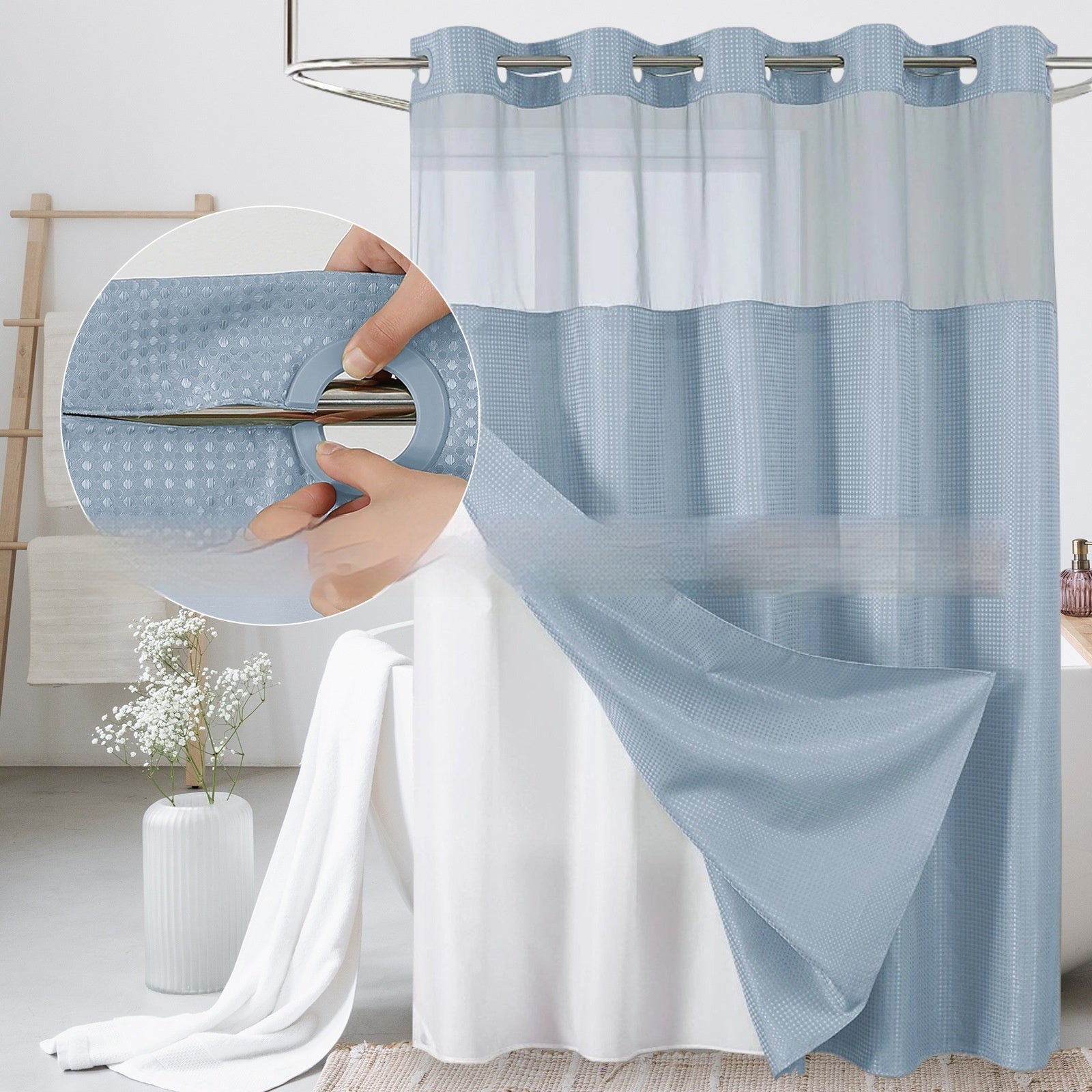 Solid-color Waffle-patterned Double-layer Large-loop-lined Shower Curtain