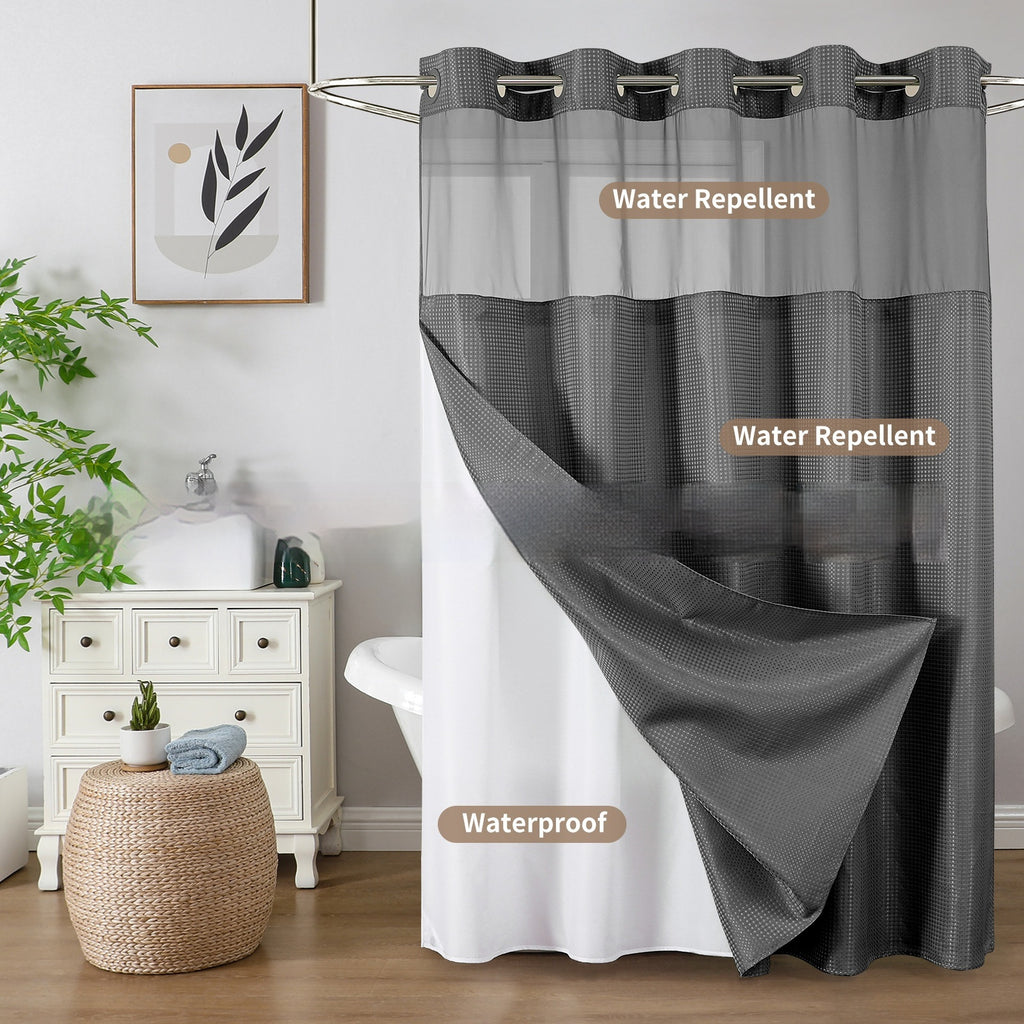 Solid-color Waffle-patterned Double-layer Large-loop-lined Shower Curtain