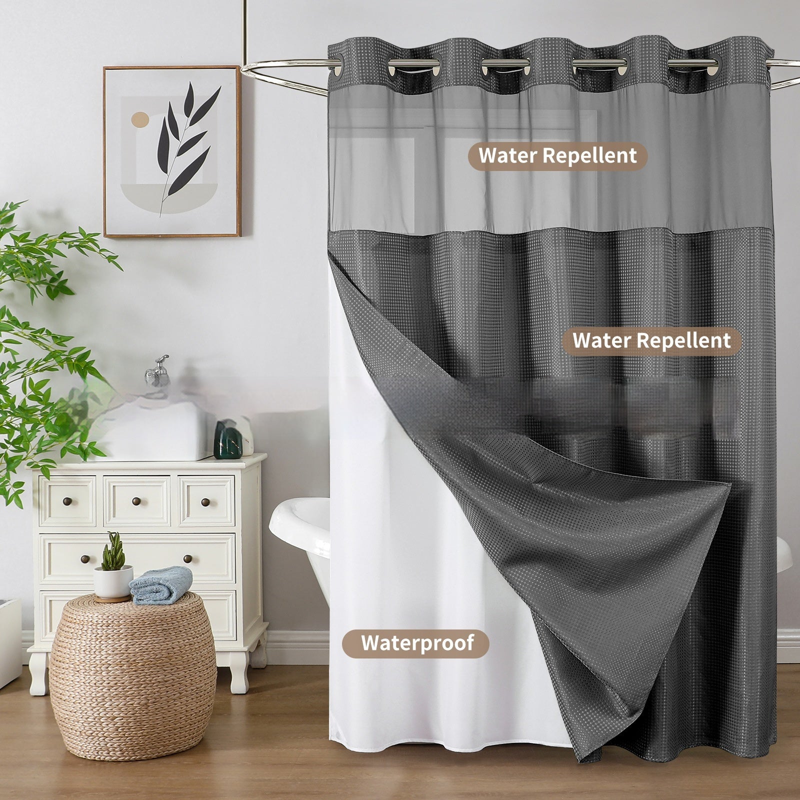 Solid-color Waffle-patterned Double-layer Large-loop-lined Shower Curtain