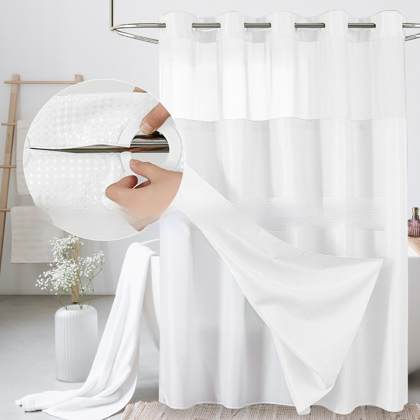 Solid-color Waffle-patterned Double-layer Large-loop-lined Shower Curtain