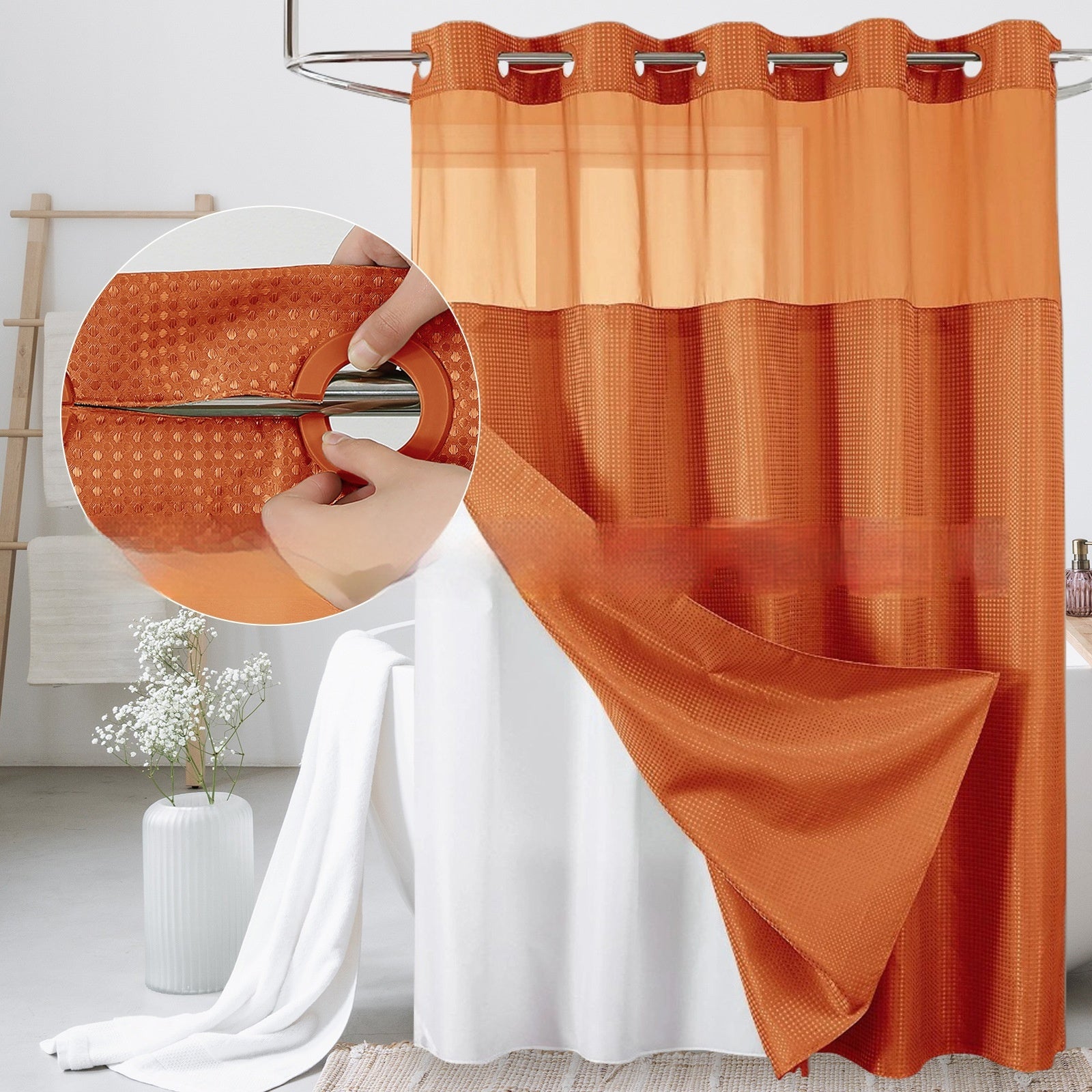 Solid-color Waffle-patterned Double-layer Large-loop-lined Shower Curtain