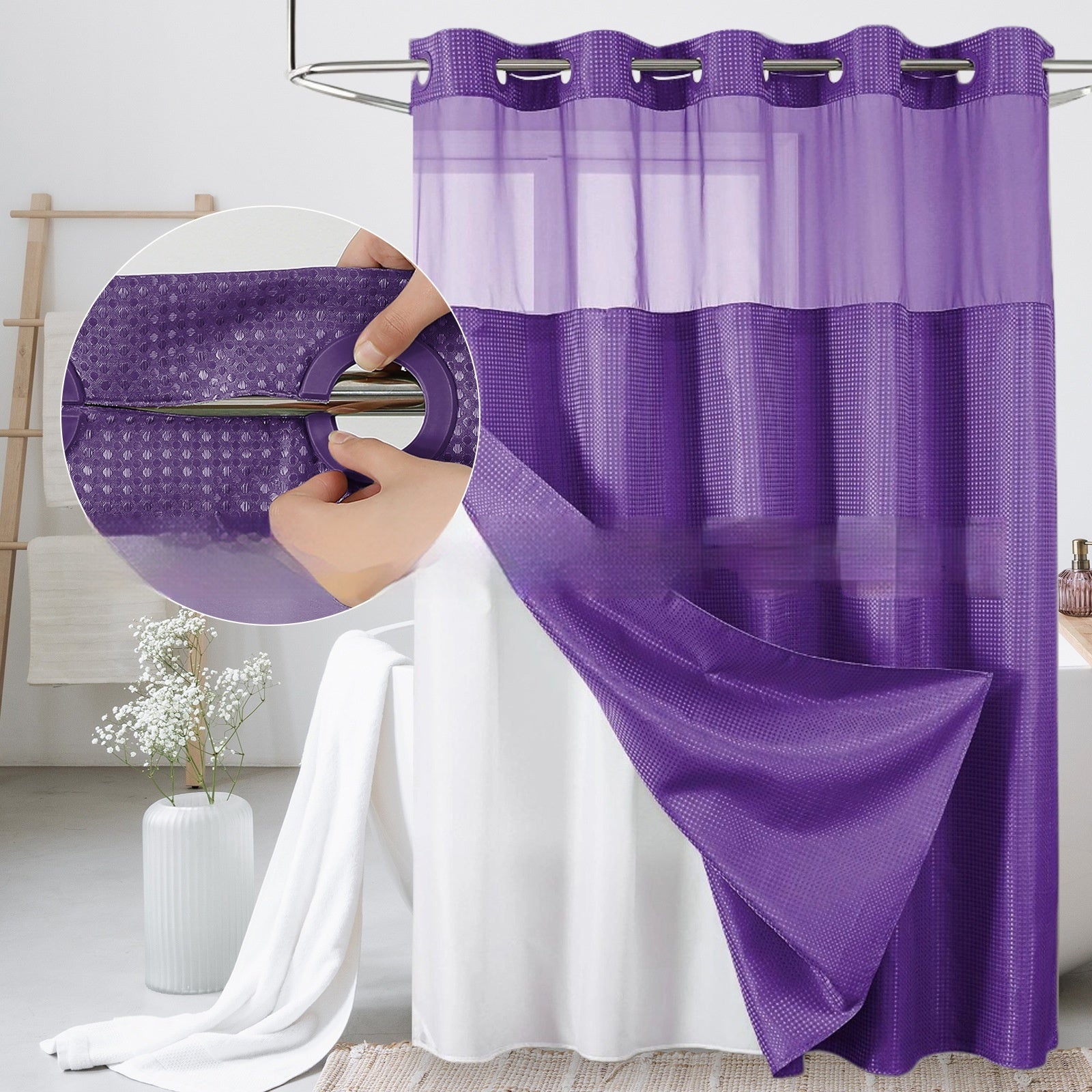 Solid-color Waffle-patterned Double-layer Large-loop-lined Shower Curtain