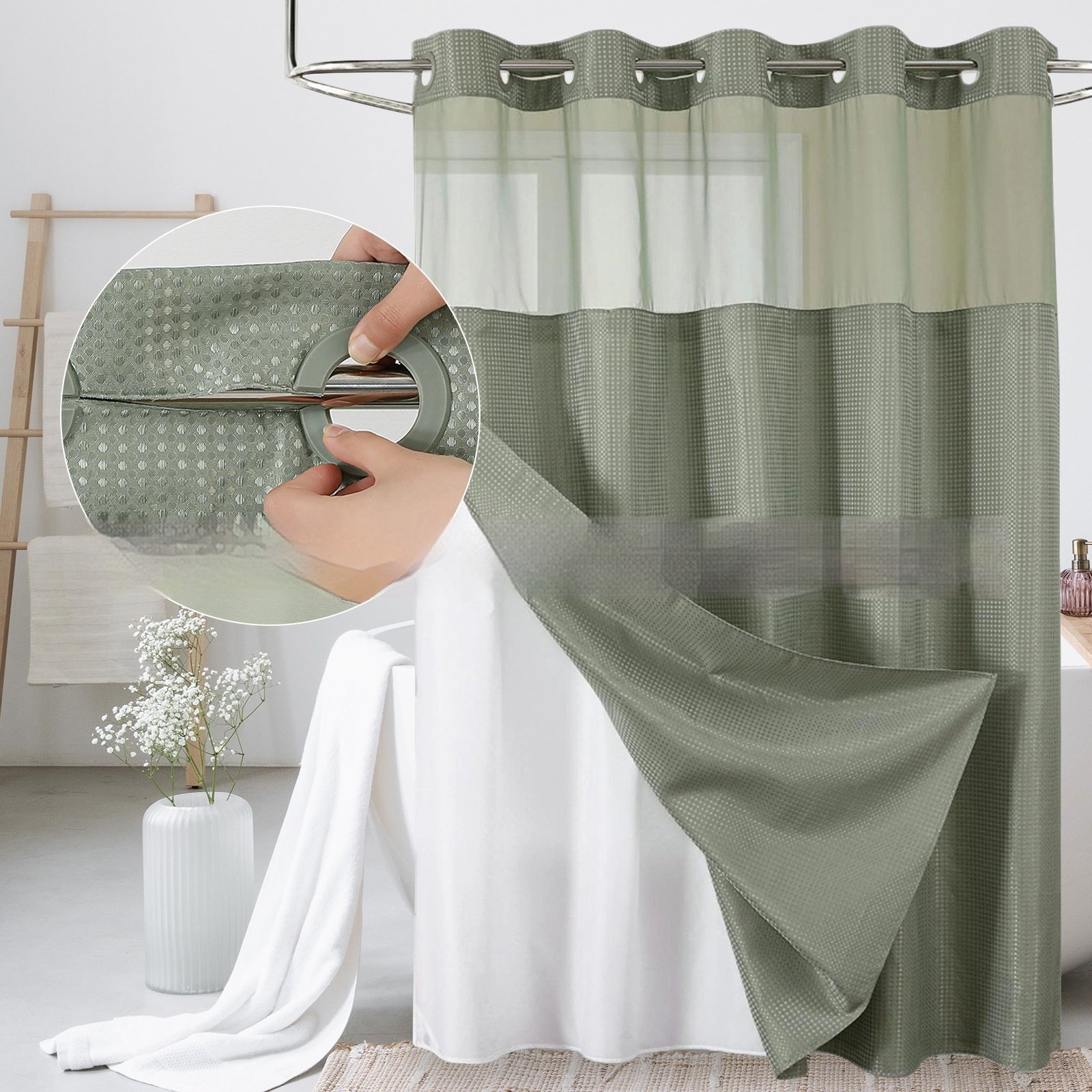 Solid-color Waffle-patterned Double-layer Large-loop-lined Shower Curtain