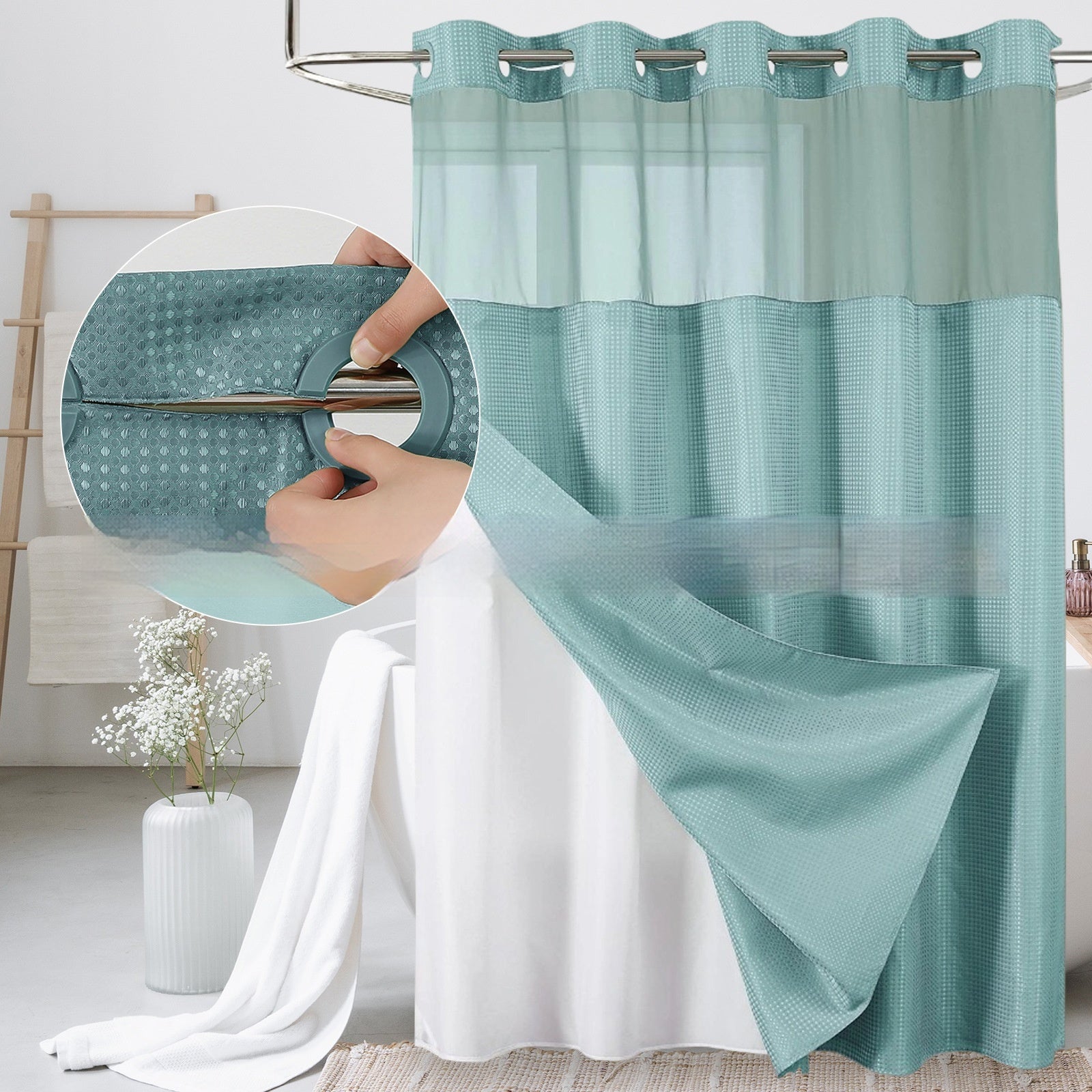 Solid-color Waffle-patterned Double-layer Large-loop-lined Shower Curtain