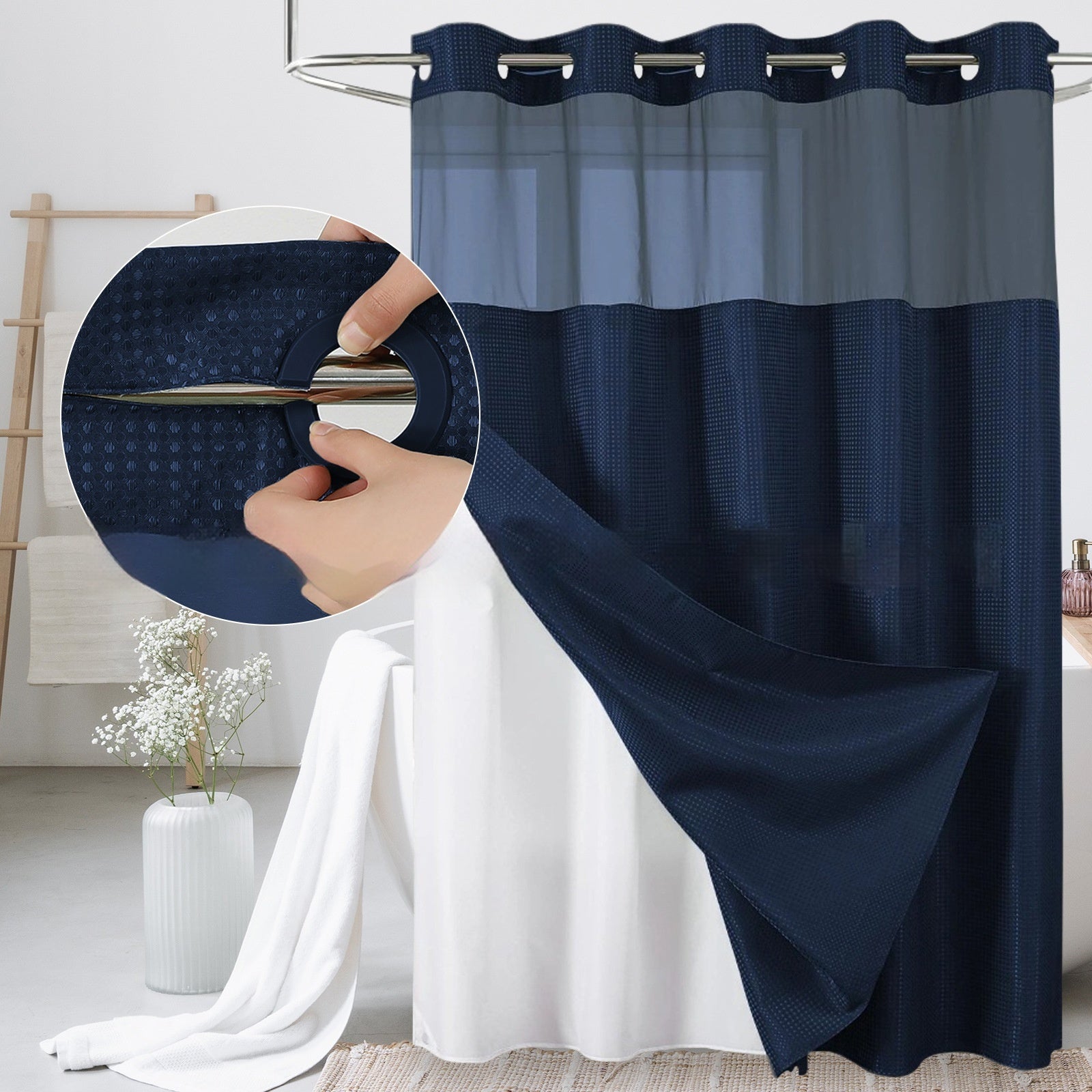 Solid-color Waffle-patterned Double-layer Large-loop-lined Shower Curtain