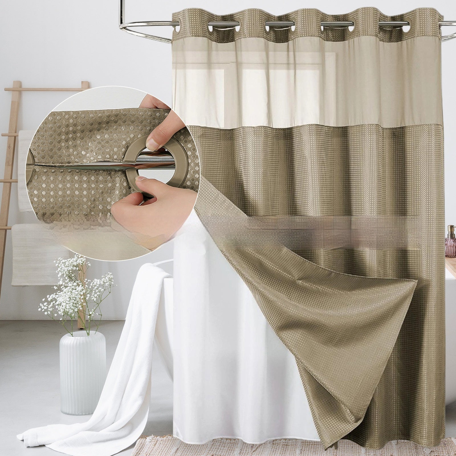 Solid-color Waffle-patterned Double-layer Large-loop-lined Shower Curtain