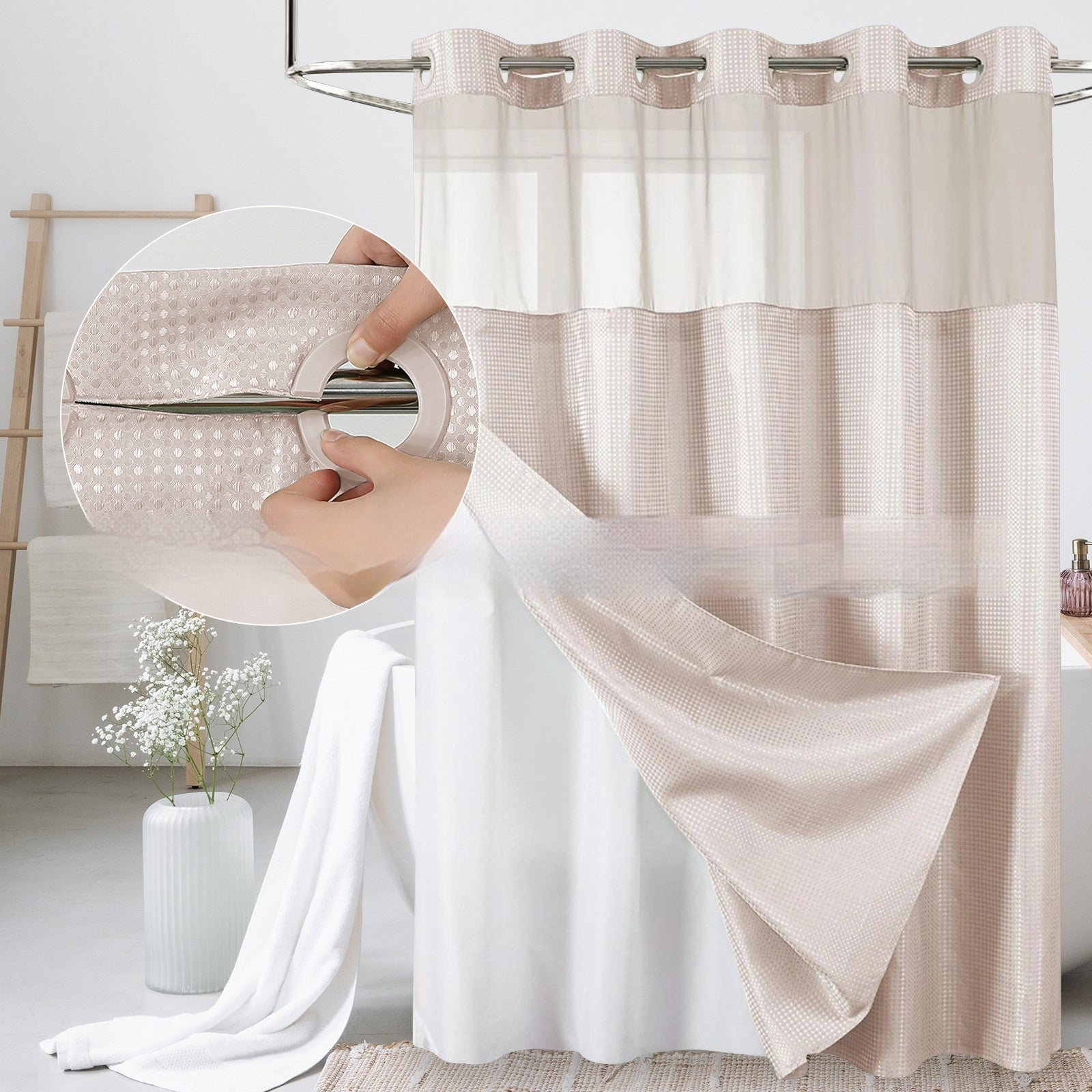 Solid-color Waffle-patterned Double-layer Large-loop-lined Shower Curtain