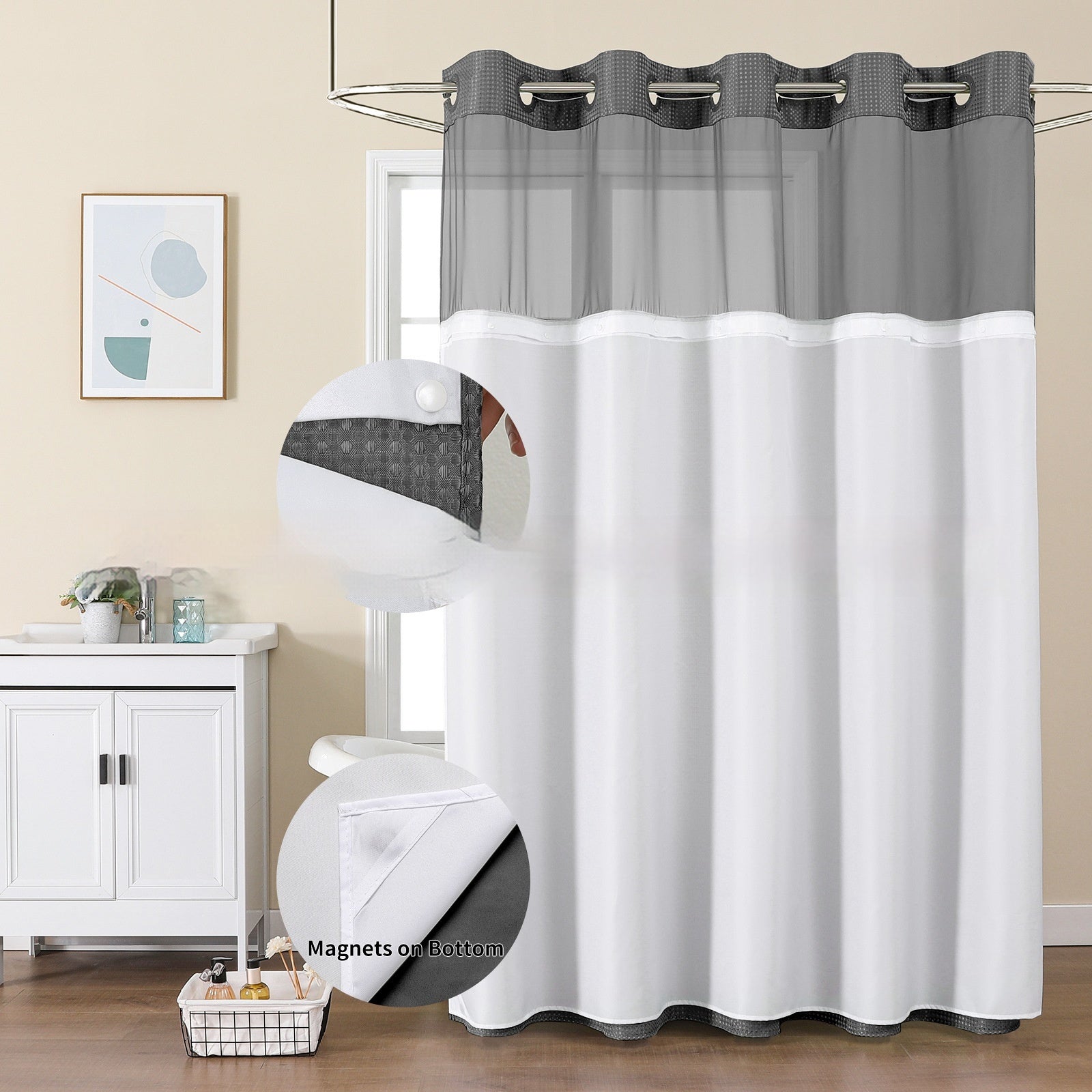 Solid-color Waffle-patterned Double-layer Large-loop-lined Shower Curtain