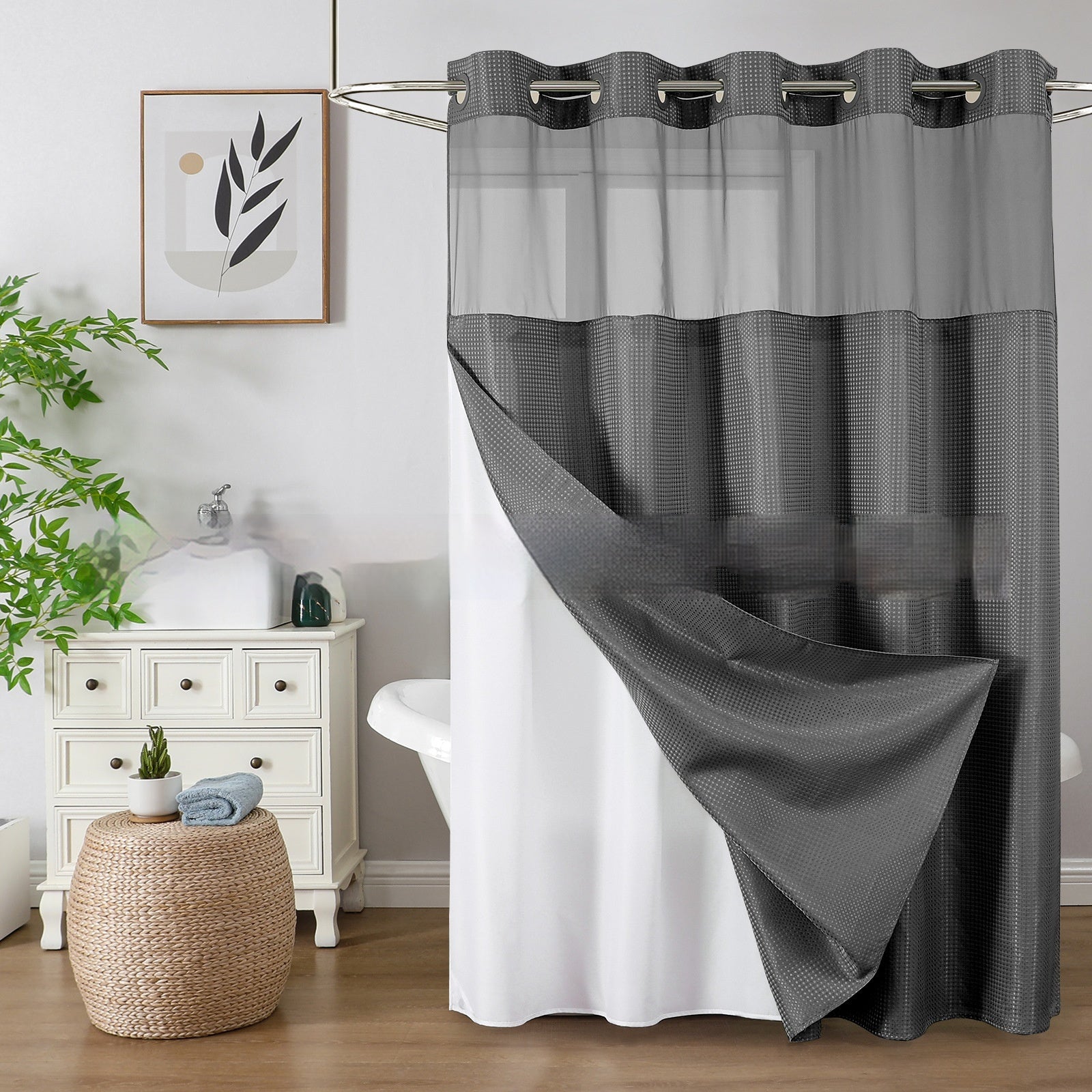 Solid-color Waffle-patterned Double-layer Large-loop-lined Shower Curtain